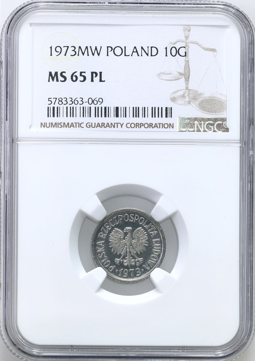 PRL. 10 groszy 1973 (ze znakiem) Aluminium NGC MS65 PL (Proof like) (2MAX)